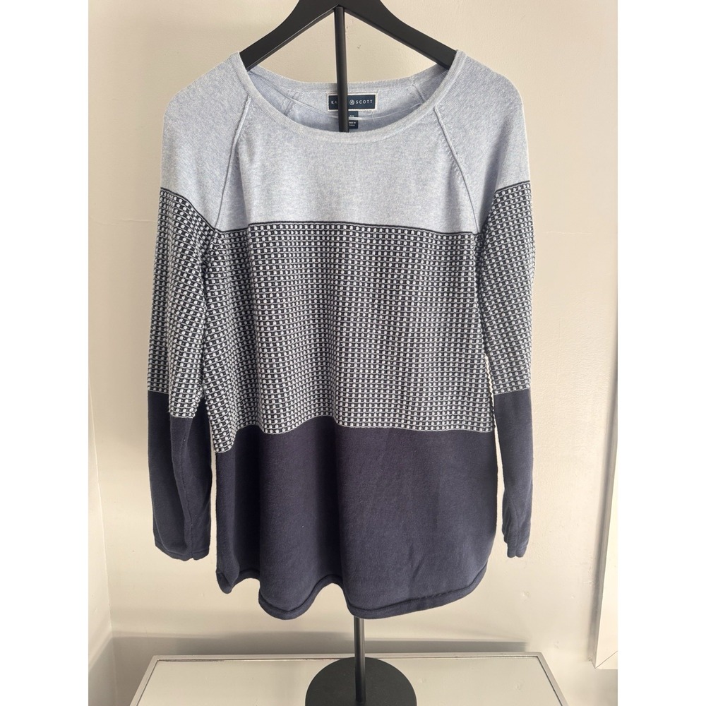 💙Karen Scott Cotton Sweater Blue GrayTextured Knit Colorblock Pullover Sz 16-18